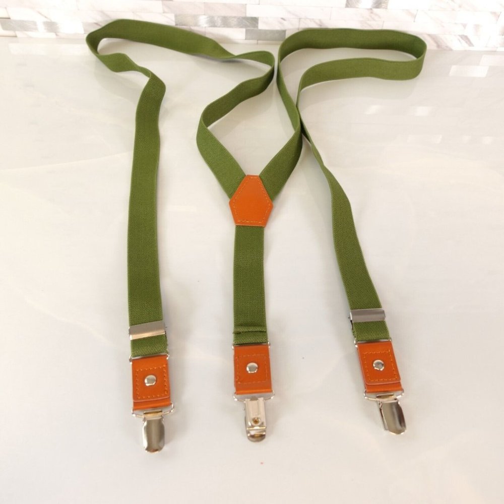 Suspenders Mens Leather Army Green Brown Y Back Solid Clip Buckle Adjustable